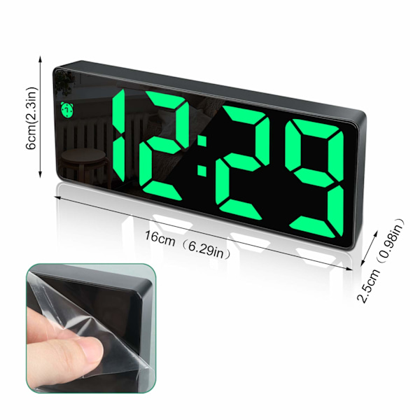 Digital väckarklocka, stor LED-display, spegelklocka och ljusstyrka justerbar USB-laddningsanslutning väckarklocka för sovrum, kontor