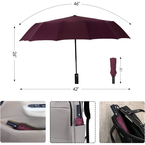 12 Ribs Folding Umbrella Windproof Compact Travel,Auto Open