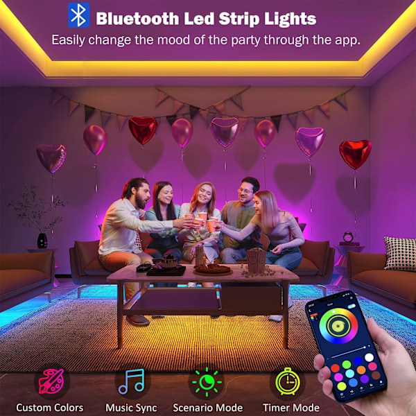 15M LED-strimmelbelysning Bluetooth Smart App-styring Musiksynkronisering Farveskift RGB LED-lysstrimler med fjernbetjening