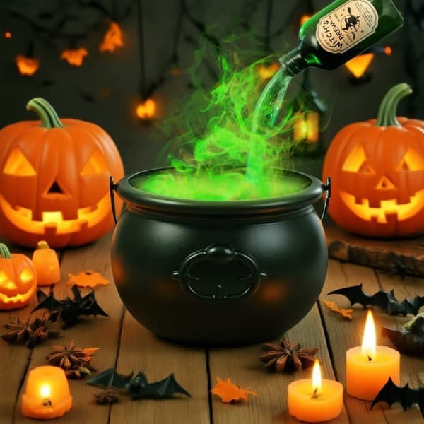 Halloween-gryte med grønn tåke og flytende trylledrikkflaske