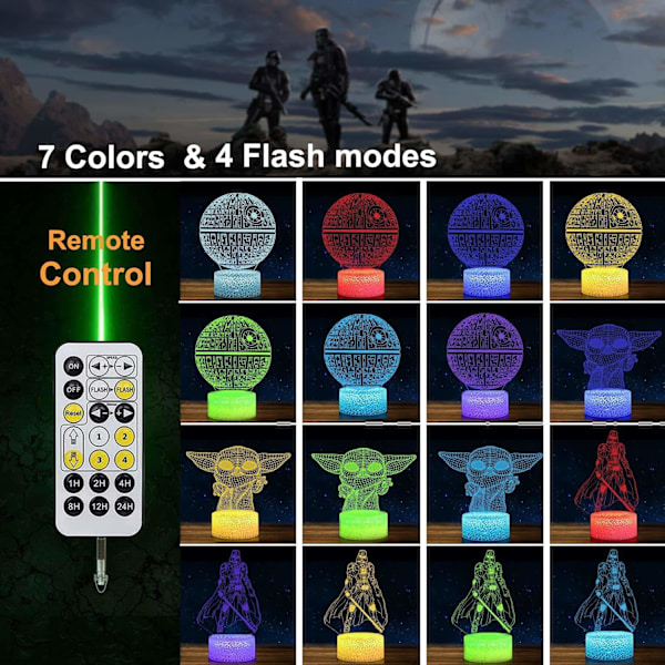 Star Wars Natlampe 3D-lampe Star Wars Lampe 3 mønstre 3D Natlampe gaver til børn drenge 7 farver skifter Star Wars d-WELLNG Star Wars Combo-paket