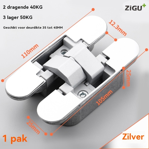 Piilotettu saranat - 180 asteen avaus 3D säädettävät Piilotetut saranat - 40 kg kantavuus - Hopea