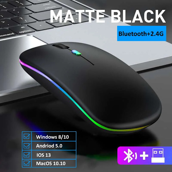 Trådløs mus Bluetooth-kompatibel / 2.4G To forbindelsestilstande Genopladelig RGB-mus Gamer Stille mus til bærbar computer Two Modes Black