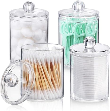 4 plastkrukker for oppbevaring og organisering av bomullspinner, kosmetikk