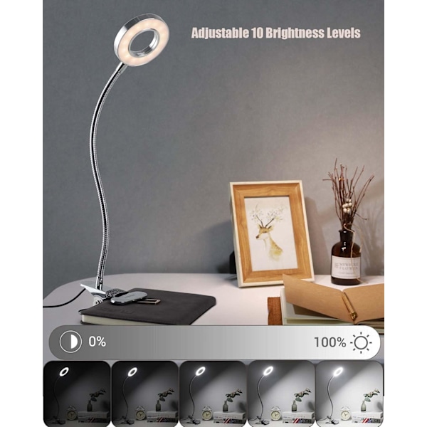 LED-läslampa, 3 lägen 10 dimningsnivåer, flexibel klämlampa