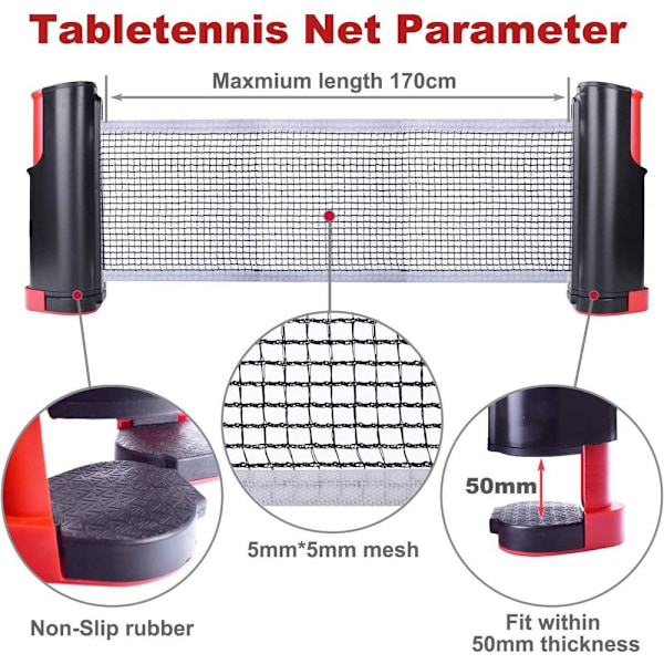 Bordtennisnett, justerbart teleskopnett, bordtenniserstatningsnett, flyttbart