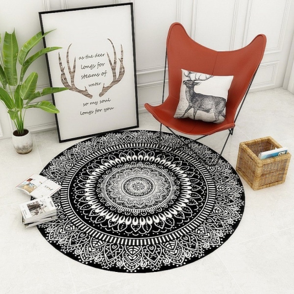 Rundt teppe 100cm Svart Mandala Mykt Baderomsteppe Sklisikkert Vaskbart Aksent Teppe Fluffy Gulvmatte for Entre Stue Soverom Barnerom