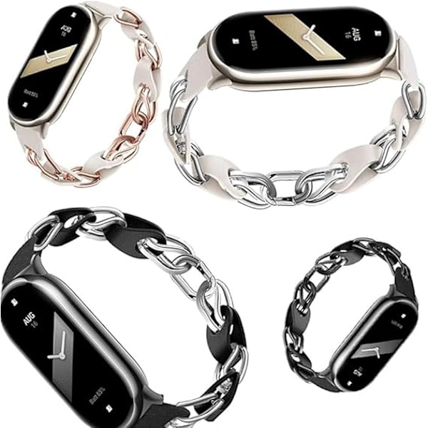 Kompatibelt med Xiaomi Mi Band 8 Armband, Ersättningsarmband Öppen Design Rostfritt Stål Ring Läderkedja Bälte Andningsbart Elegant Armband för Dam Black Silver