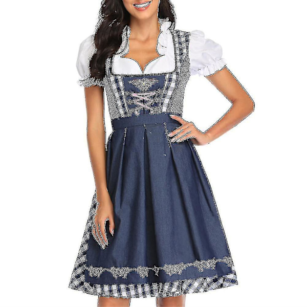 Naisten Dirndl - Baijerilainen perinteinen mekko, oluttyttömekko, paita ja esiliina, harmaa ja sininen Grå Blå S