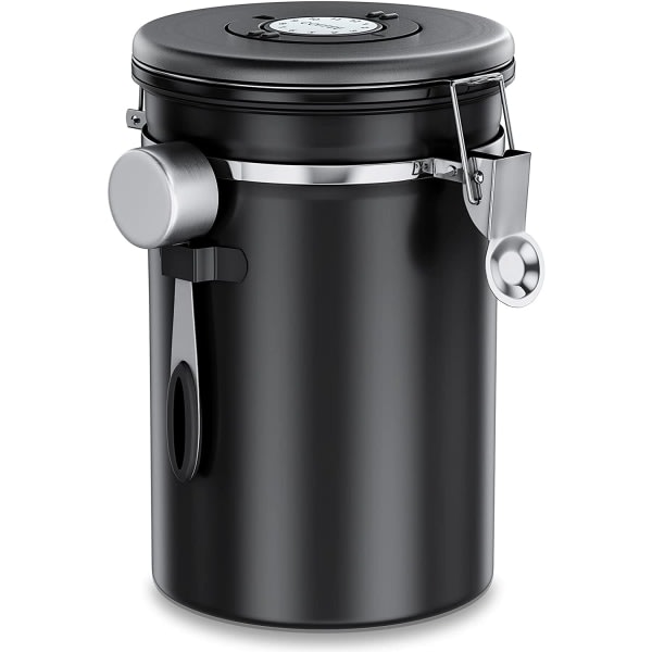 Lufttæt kaffebøtte 1 kg - kaffebønnebeholder i rustfrit stål med CO2-ventil - med måleske (2,8 L sort)