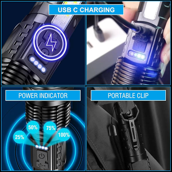 Super kraftig LED lommelykt 20 000 lumen, USB-oppladbar