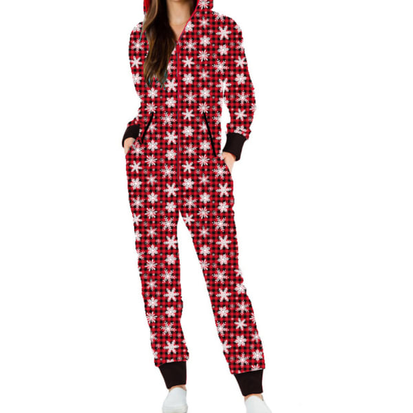 Kvindes Jul Xmas Plysforet Jumpsuit med Hætte Trykt Langærmet Snowflake Plaid