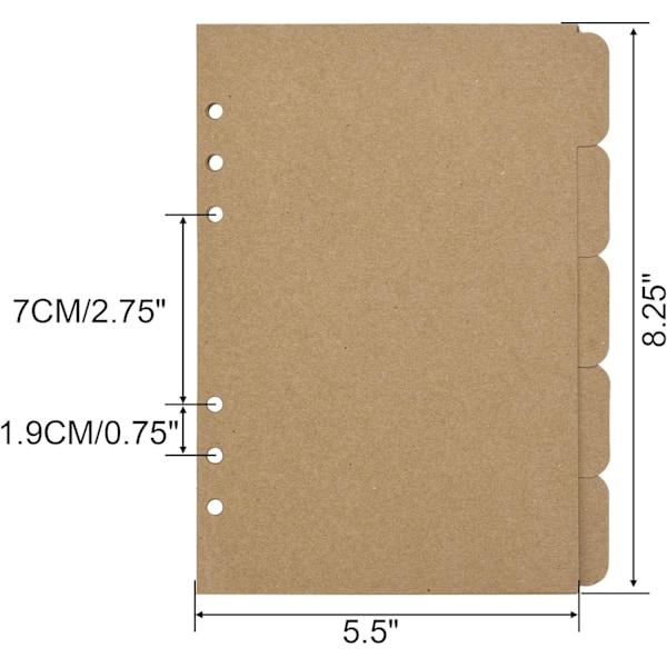 A5 Kraftpapir Indekser 5-faner/6-huls Beskyttelsesring Binder Burlywood 6-huls Ring Indeks Side til Planlægger Notebook Løs Blad Binder