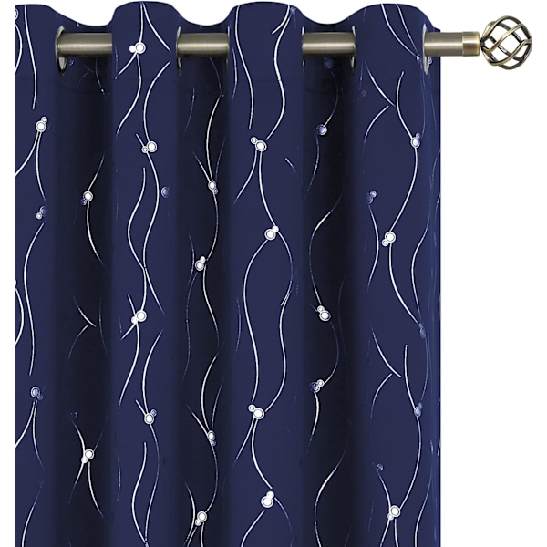 Tumman siniset pimennysverhot 213 cm pitkät, 2 paneelia, purjerenkaat, eristetyt huoneen pimennysverhot aaltoviiva- ja pistekuviolla makuuhuoneeseen, 132 x 213 cm -FA6-