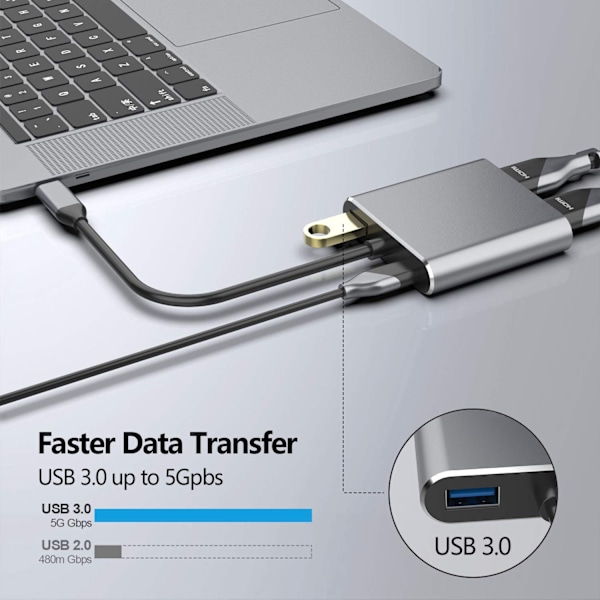 USB-C til HDMI Adapter, 2xUSB3.0/USB 3.1 med PD, grå
