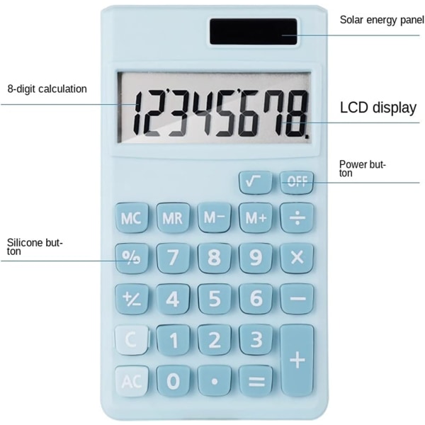 Mini kalkulator, lommeregner 8 siffer solcelle
