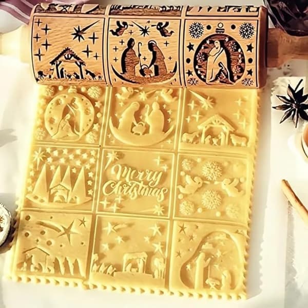 Christmas Rolling Pin, Patterned Rolling Pin, 3D Pattern Embossed Rolling Pin, Wooden Christmas Rolling Pin DIY Embossed-FA-
