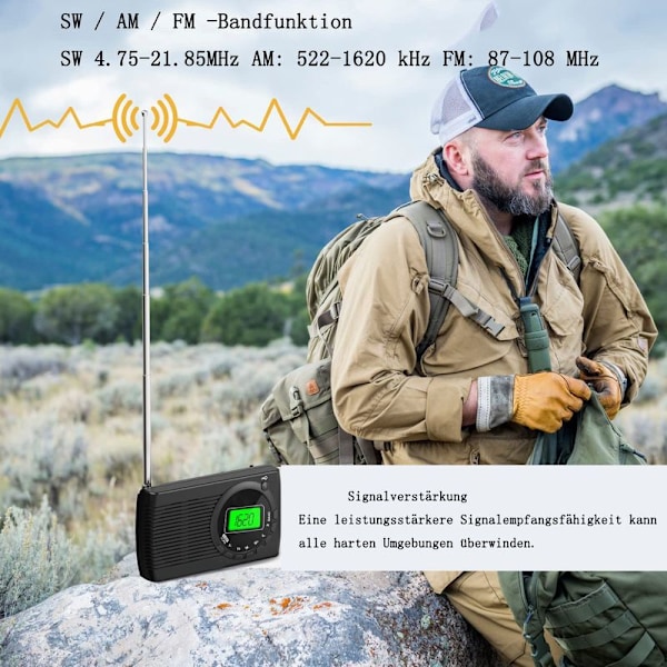 Liten batteridrevet FM/AM/SW radio, mini bærbar radio lommeradio med