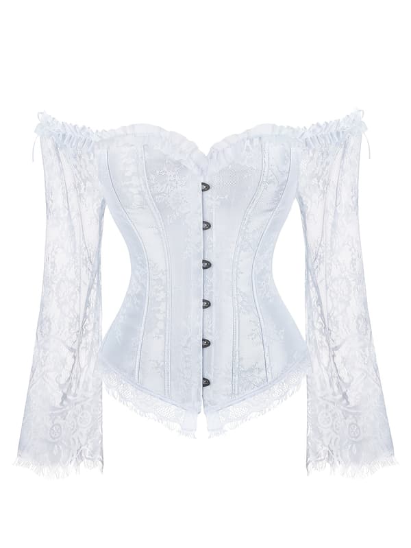 Plus-Size Overbust Korset Bodice Snøre Bustier til Kvinder med Mavekontrol og Blondeærmer 3XL White