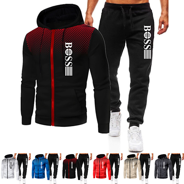 Höst- och vinterträningsset för män, sportkläder, hoodie, jacka, sweatshirt, joggingbyxor svart-svart Black-Black S