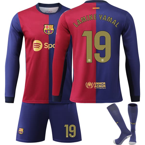 FCB 19 LAMINE YAMAL 2023/2024 Langærmet efterår/vinter udebane børnefodboldtrøje/shorts/strømper sæt ungdom børnestørrelser-FA-