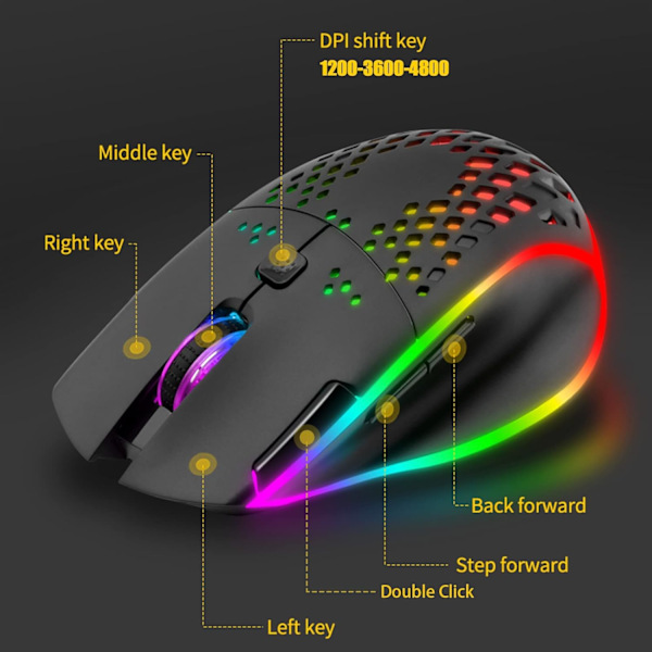 Trådlös laddningsbar bikakeformad spelmus med RGB-ljus/tyst klick/justerbar DPI, optisk spelmus för bärbar dator