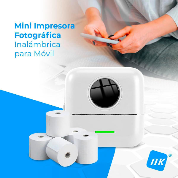 Vit bärbar fotoprinter med 5 rullar termiskt papper - Mini Wi