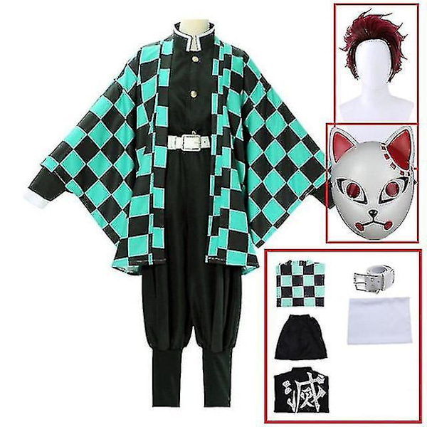 Demon Slayer Kimono Kamado Tanjirou Cosplay Kostume Halloween Anime Uniform Sæt til Voksne Børn V 7 dele sæt 7 piece set S