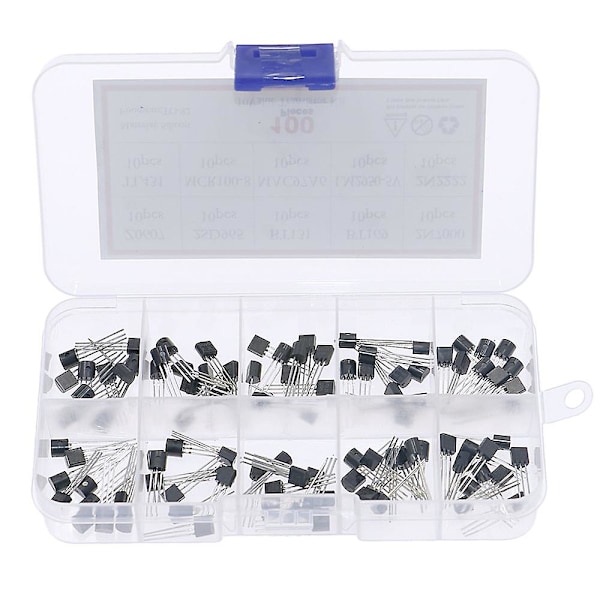 100 stk/kasse 10 sorters Triode Thyristor Kit Z0607 2sd965 Bt131 Bt169 2n7000 Tl431 Mcr100-8 Mac97a6 Lm2950-5v 2n2222