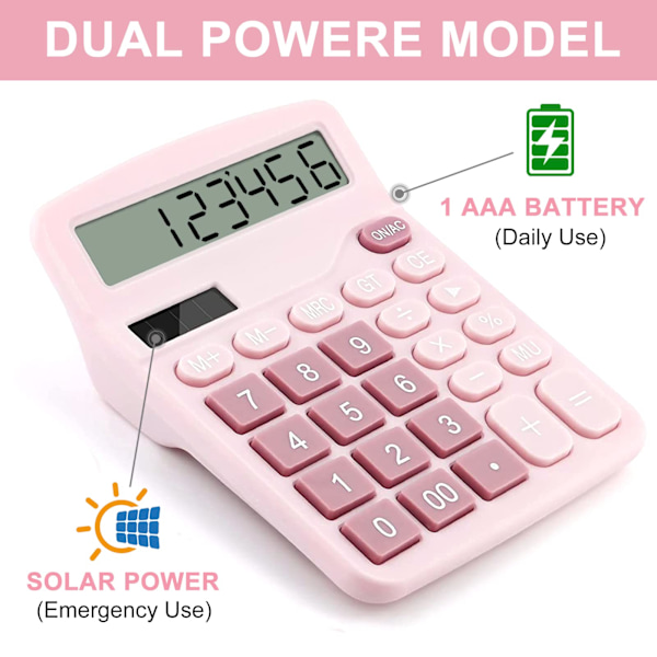 Miniräknare, 12-siffrig skrivbordsräknare med stor skärm och stor knapp, solcellsbatteri Dual Power Office Miniräknare (rosa) Pink