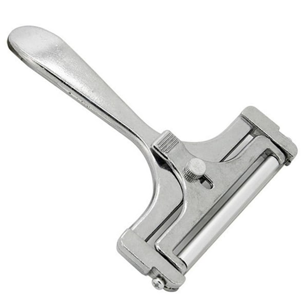 Osteskærer med rulle og skæretråd, variabel skæretykkelse, rustfrit stål/aluminium, retro design, roterende skive, sølv