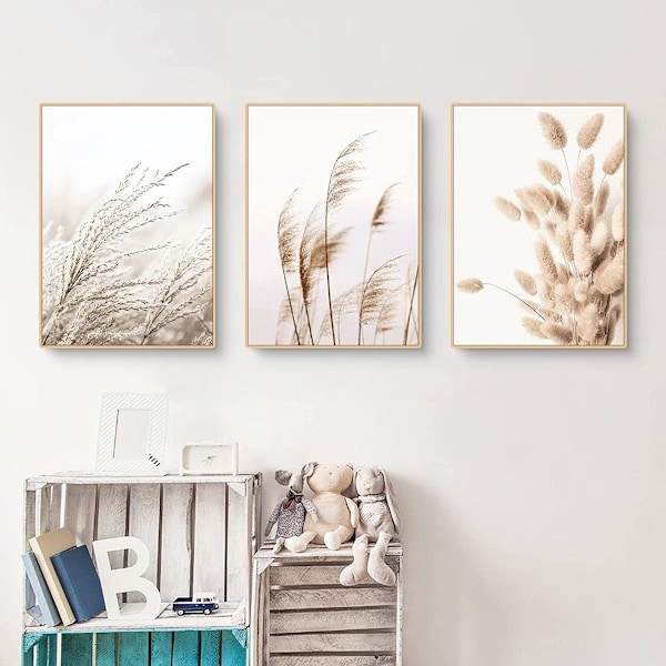 Dekorativ veggkunst, beige sivgress Pampas sivplanter (sett med 3)