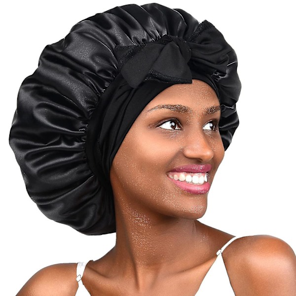 Svart Silke Satin Bonnet til at sove Dobbeltlag Satin Foret Hår Bonnet