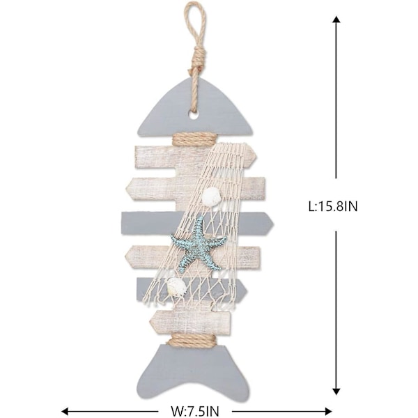 Trefisk-skjelett i tre, 40 cm, med sjøstjerne og skjell for nautisk