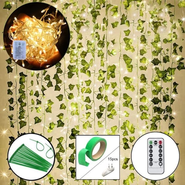 12 stk kunstige eføy planter med 100 LED gardinlys, Fairy String Lights og 8 moduser fjernkontroll