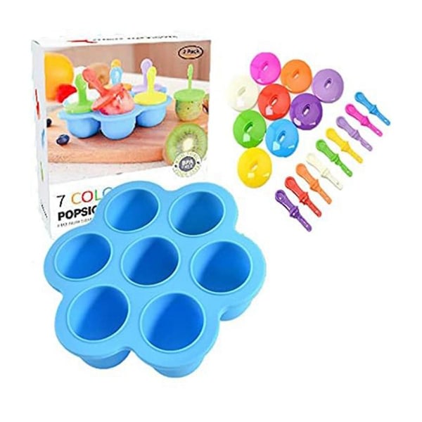 Silikon Popsicle - Mini 7-håls DIY Ice-pop form med färgglada pinnar Återanvändbar non-stick mat Graderad