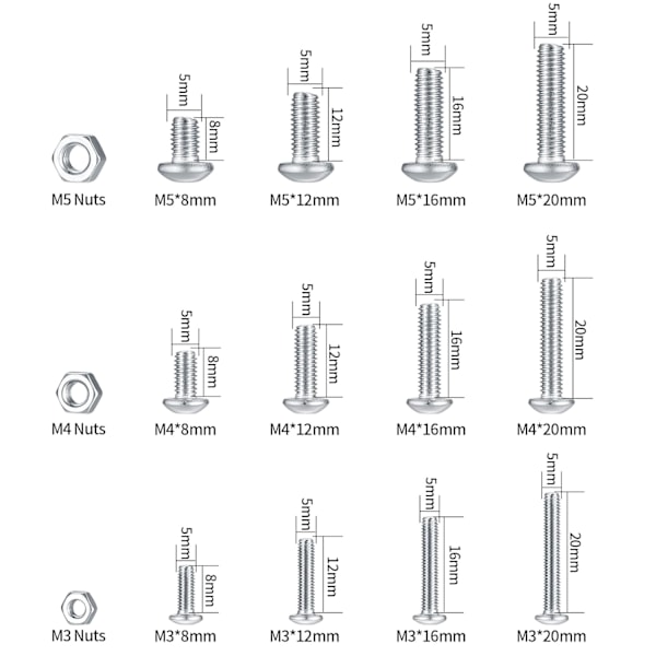 520 kappaletta ruuveja muttereilla, M3/M4/M5 kuusiokoloruuveja ruostumattomasta teräksestä pulteilla ja muttereilla, valikoima pyöreillä napeilla