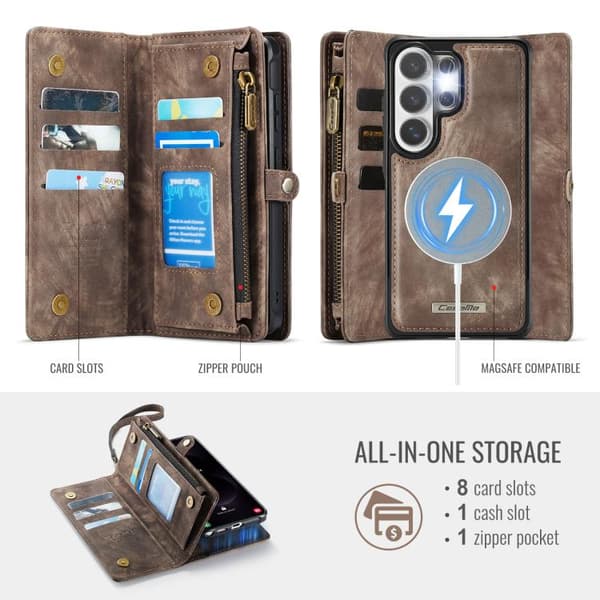 Samsung Galaxy S26 Ultra 5G CaseMe 008 Detachable Multifunctional Leather Case Brun