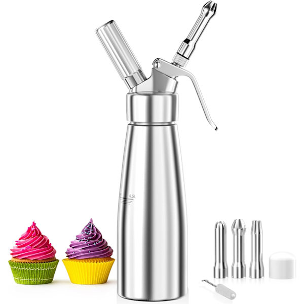 500 ml flødeskummer, flødeskumsprøjte, aluminium, med 3 dekorative rustfri ståldyser, 1 rengøringsbørste 500ml