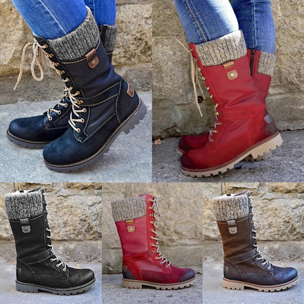 Damesko med snørebånd, ankelhøje støvler, biker-stil, vinter, varme sko, rød red 37