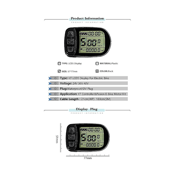 Ebike Kt-lcd5 Display 24v36v48v72v 5-stifts/vattentät kontaktdisplay för elcykel Intelli Black