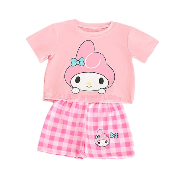 Barnjenter Kuromi Melody Cinnamaroll T-skjorte Rutete Shorts Pyjamas Sett Nattklær Rosa 140cm Pink