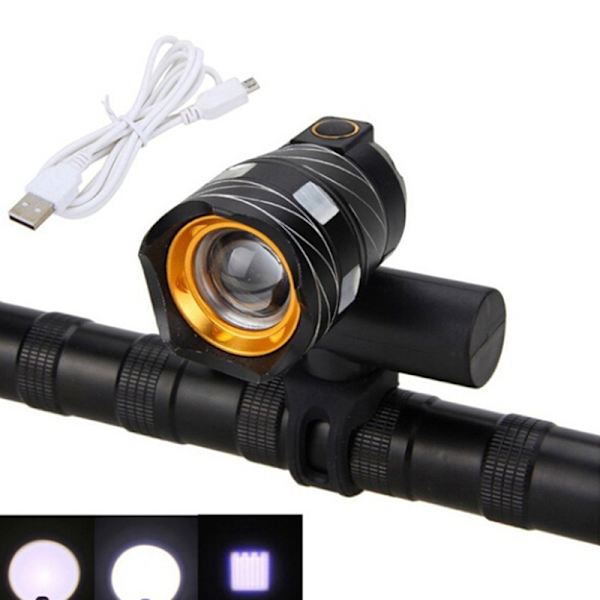 USB Genopladelig 300LM XM-L T6 LED Cykellys Cykel Forlygte Black