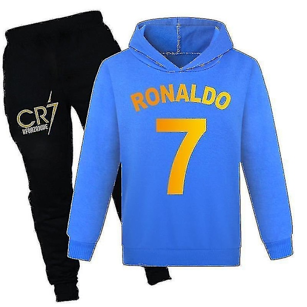 Barn Drenge Ronaldo 7 Tryk Casual Hoodie Træningsdragt Sæt Hoody Top Bukser Kostume Blå Blue 170CM 15-16Y