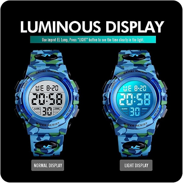 Barnur Digital Sport Vandtæt Elektronisk Børneure Alarm Ur 12/24 H Stopur Kalender Dreng Pige Armbåndsur