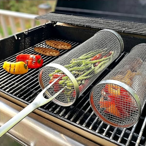 2 Rolling Grilling Baskets - Best Grilling Basket Ever, Stainless Steel Round Grill Mesh-FA-