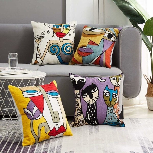 Set med 4 Picasso putetrekk 45x45 cm bomull lin brodert