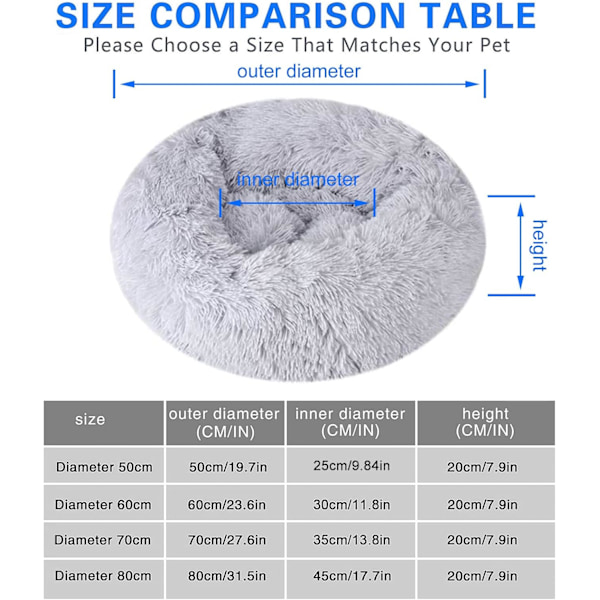 Queta Katteseng, Smuk Dyreseng, Lille Hundeseng Kæledyrsseng Plys Blød Rund Katteseng (50cm) lysegrå-FA2- light grey Diameter 50 cm