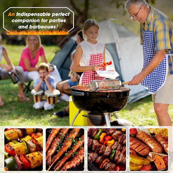 Rolling Grill Basket with Handle - 24x10 cm, Stackable BBQ Grill Basket for Vegetables, Outdoor Cooking-FA-
