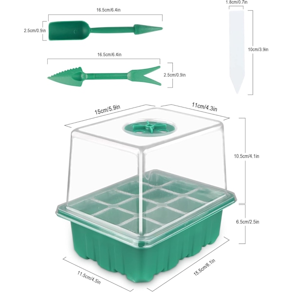 5-delt mini-drivhus for planteformering med sollignende fullspektrum plantelamper, med lokk og ventilasjon, 10 etiketter, 2 verktøy